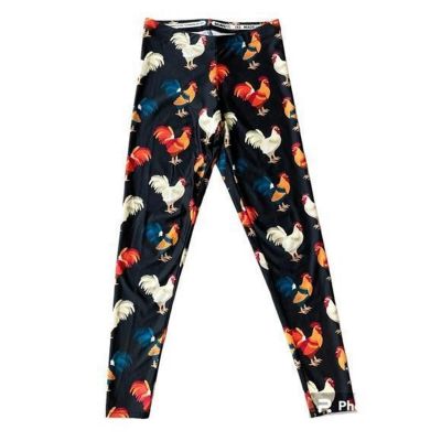 New Black Full Length Leggings Bright Colored Chicken Rooster Design XS